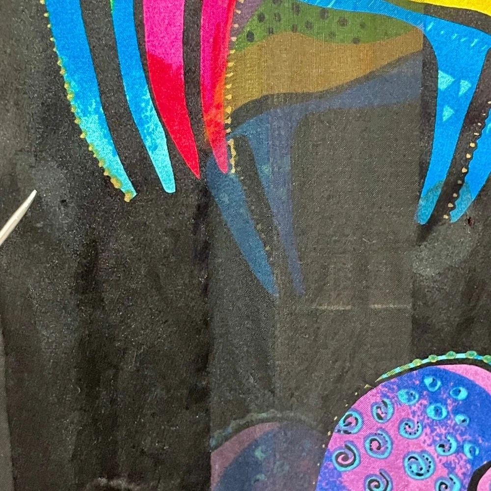 Laurel Burch Silk Scarf Black Multicolored Horse Print Fringe 52